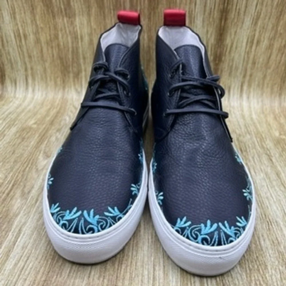Del Toro Chukka‎ Boots Men's Size 11 Black Blue Floral Embroidery Made in Italy